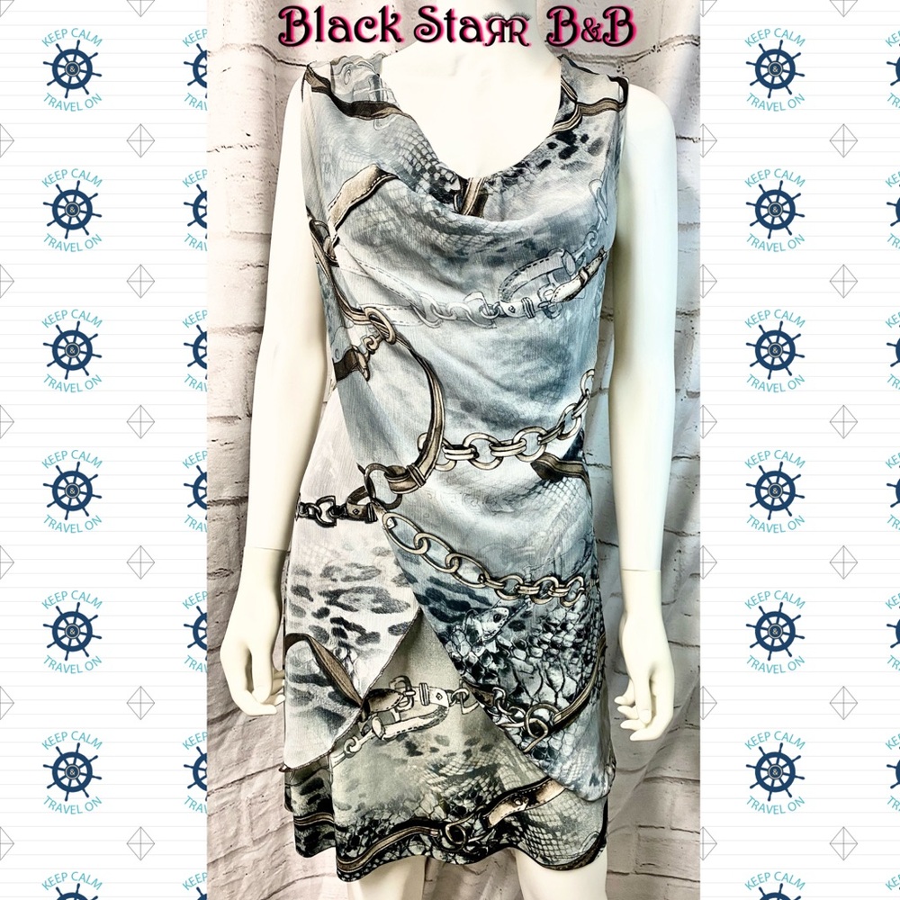 Nautical design grayish blue/tan/white sleeveless mid length dress by Mesmerize